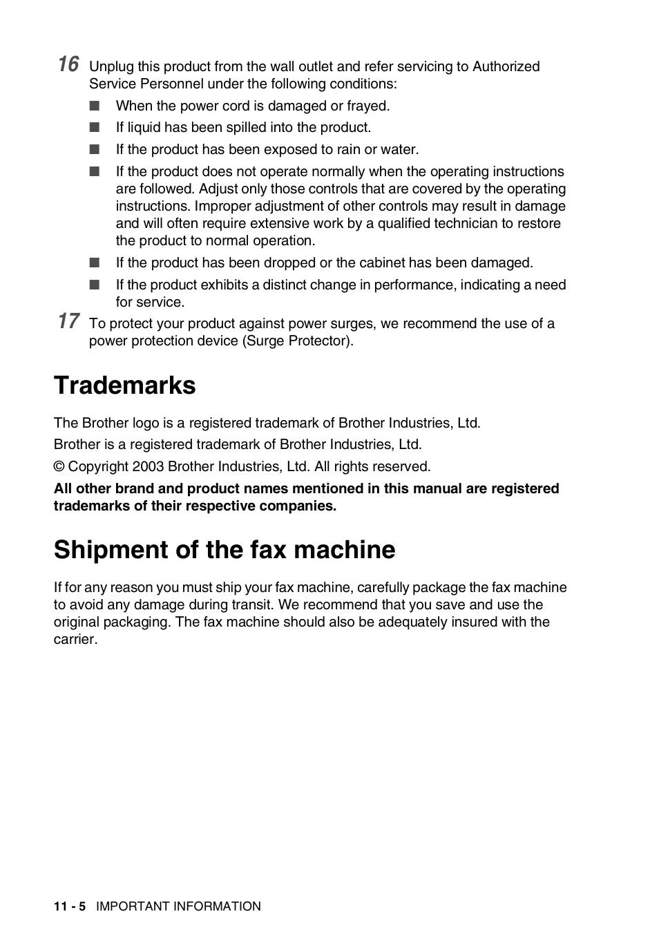 Trademarks, Shipment of the fax machine, Trademarks -5 shipment of the fax machine -5 | Brother FAX-565 User Manual | Page 93 / 119