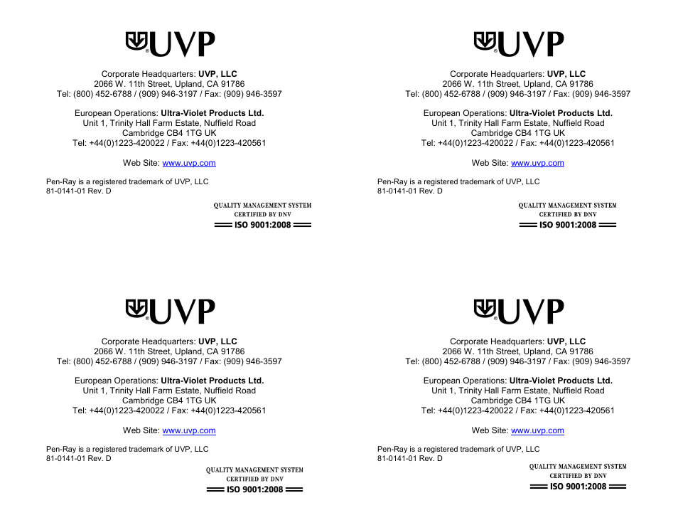 UVP Pen-Ray Lamps User Manual | 2 pages