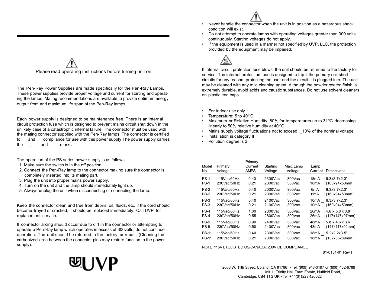 UVP PS-11 Pen-Ray Power Supplies User Manual | 2 pages