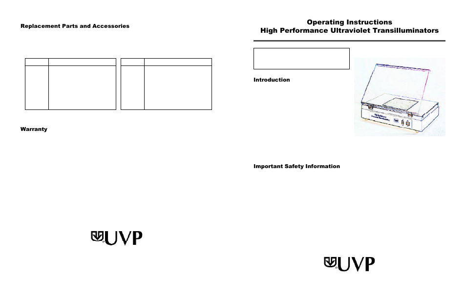 UVP High Performance Ultraviolet Transilluminators User Manual | 2 pages