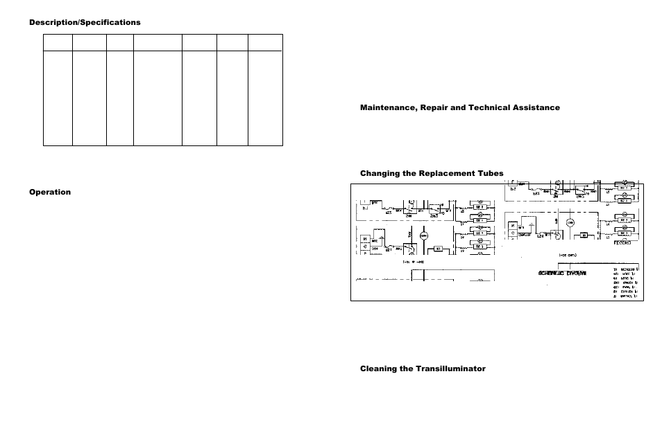 Description/specifications, Operation, Maintenance, repair and technical assistance | Changing the replacement tubes, Cleaning the transilluminator | UVP High Performance Ultraviolet Transilluminators User Manual | Page 2 / 2