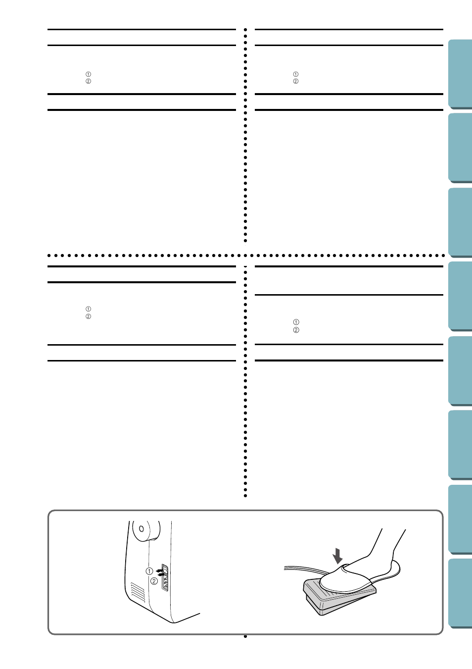 Main power and sewing light switches, Foot controller, Interrupteur principal et de la lampe | Pédale, Interruptor principal y de luz, Pedal, Interruptor de força principal e da luz de costura, Reostato | Brother LS-1717 User Manual | Page 15 / 82