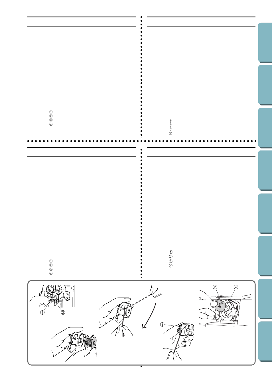 Lower (bobbin) threading, Mise en place du fil inférieur (canette), Enhebrado inferior (de la canilla) | Passagem da linha inferior (da bobina), Ab-1 b-2 b-3 c | Brother LS-1717 User Manual | Page 25 / 82