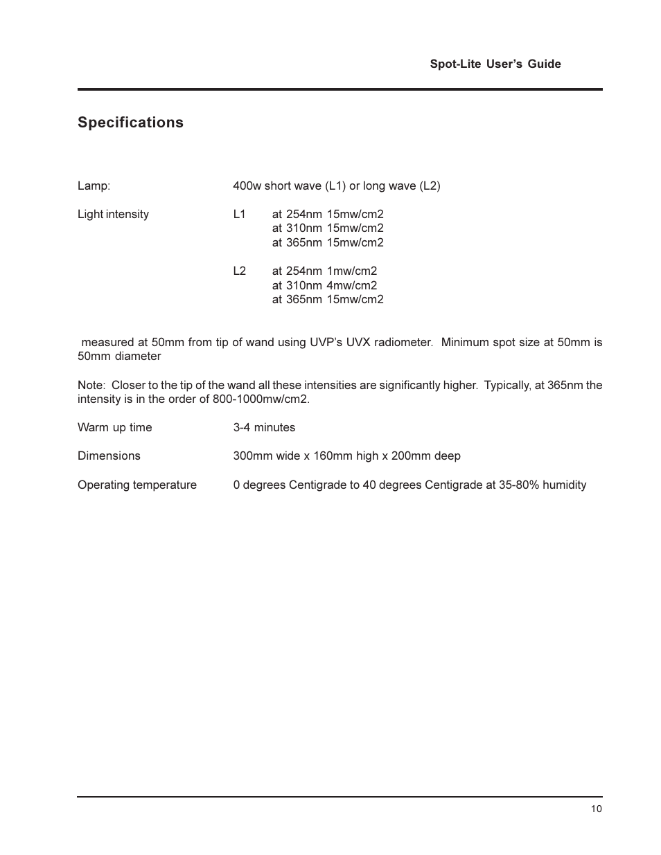 Specifications | UVP Spot-Lite System User Manual | Page 10 / 11