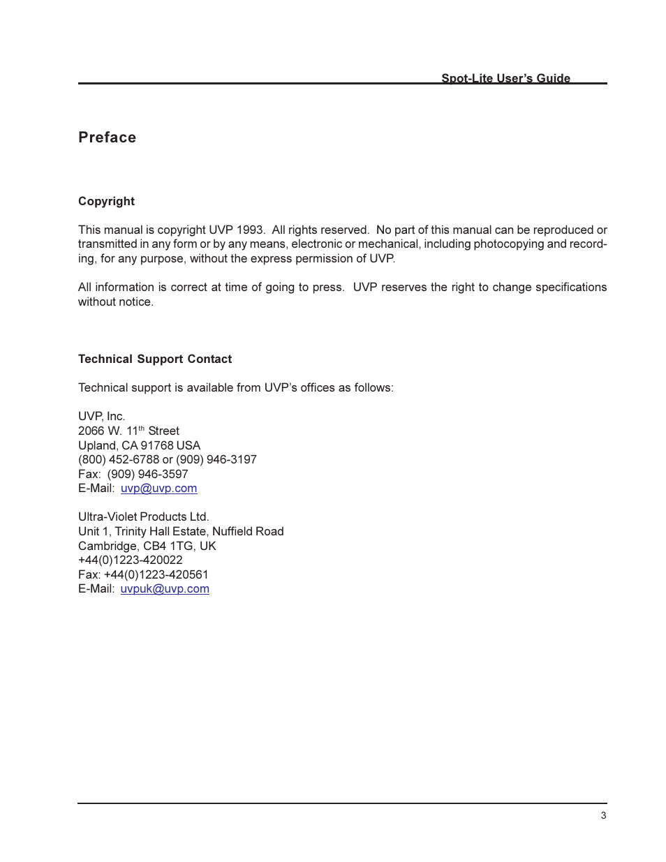 Preface | UVP Spot-Lite System User Manual | Page 3 / 11