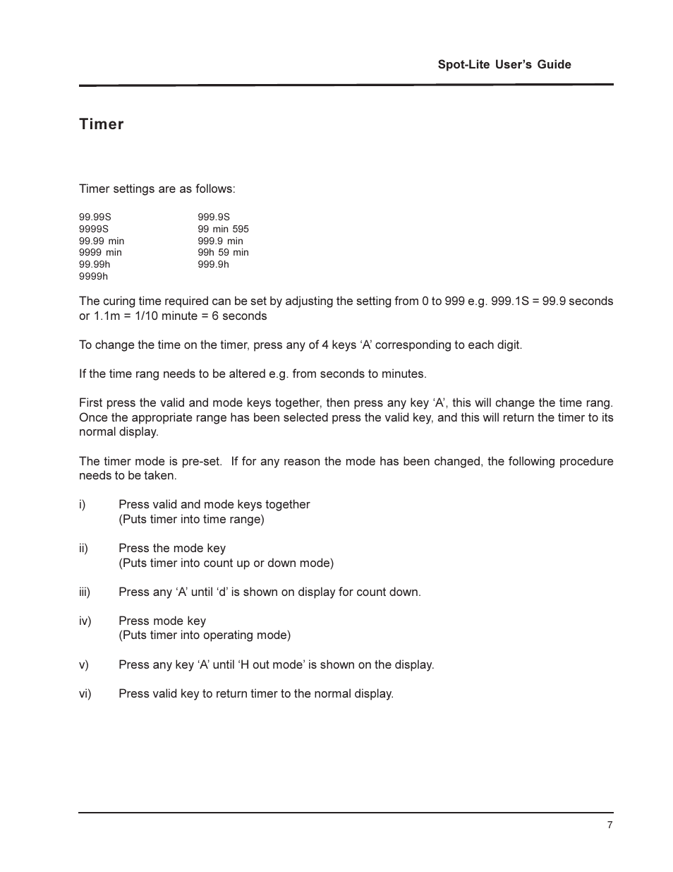 Timer | UVP Spot-Lite System User Manual | Page 7 / 11