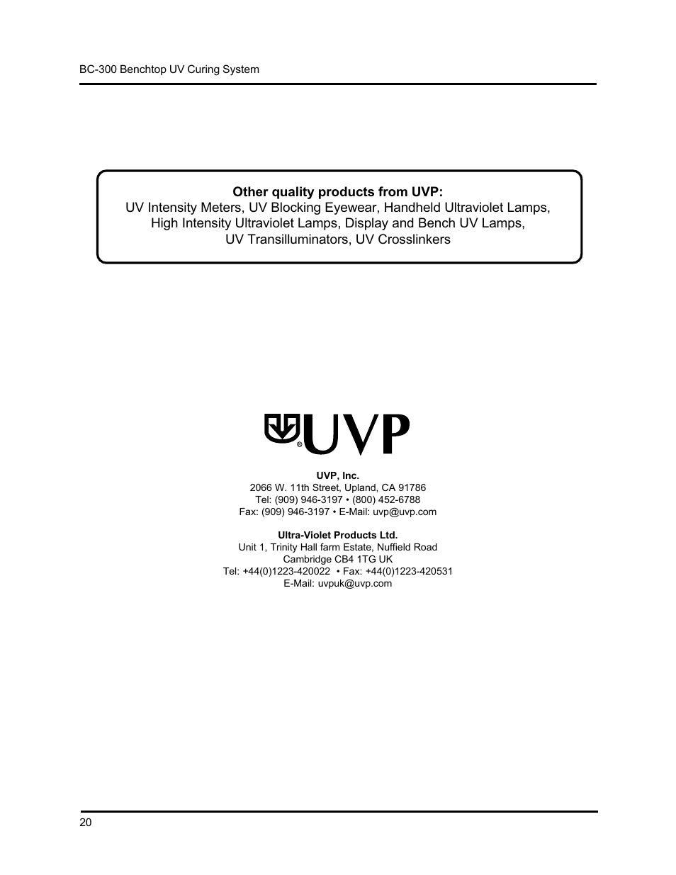 UVP Benchtop Curing System User Manual | Page 21 / 21