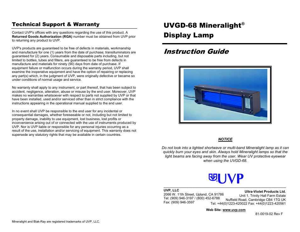UVP UVGD-68 Mineralight User Manual | 2 pages