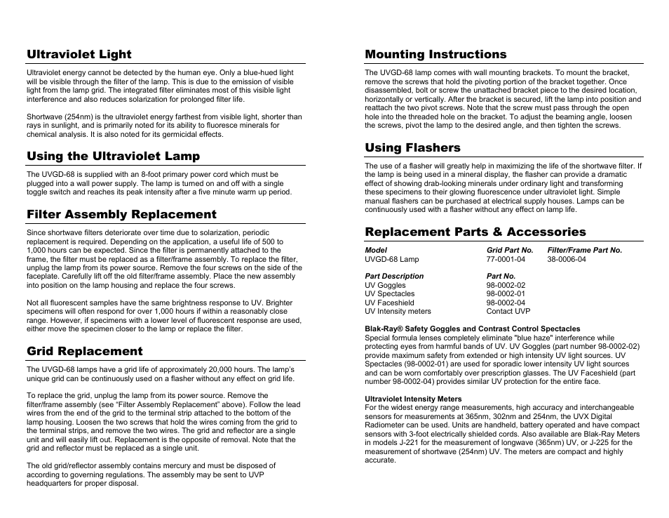 Ultraviolet light, Using the ultraviolet lamp, Filter assembly replacement | Grid replacement, Mounting instructions, Using flashers, Replacement parts & accessories | UVP UVGD-68 Mineralight User Manual | Page 2 / 2