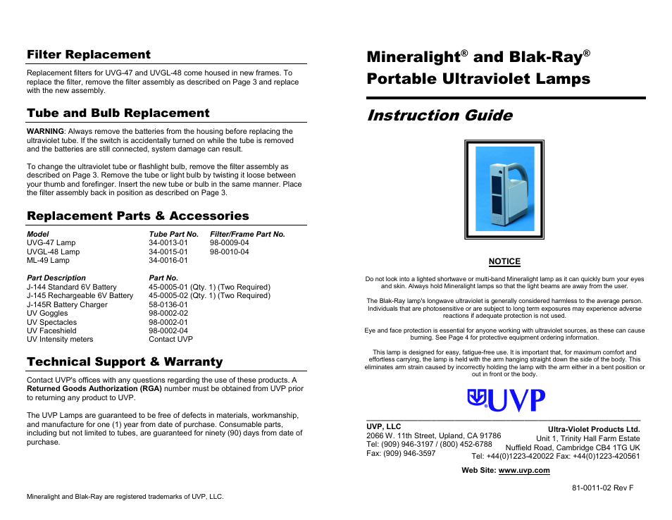 UVP Blak-Ray Portable Ultraviolet Lamps User Manual | 2 pages