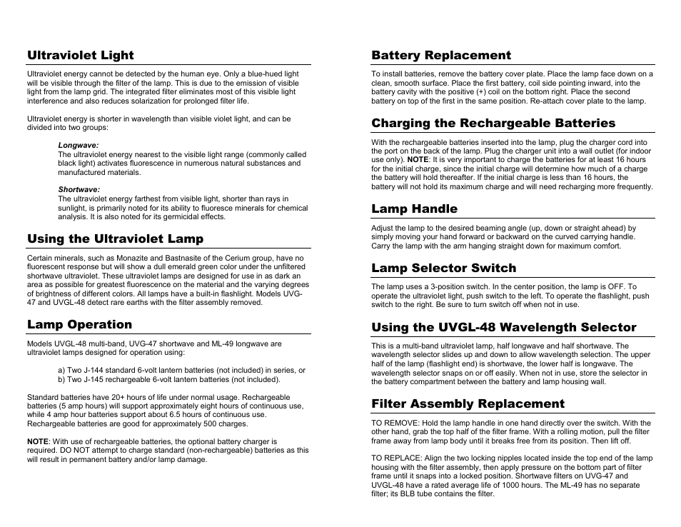 Ultraviolet light, Using the ultraviolet lamp, Lamp operation | Battery replacement, Charging the rechargeable batteries, Lamp handle, Lamp selector switch, Using the uvgl-48 wavelength selector, Filter assembly replacement | UVP Blak-Ray Portable Ultraviolet Lamps User Manual | Page 2 / 2