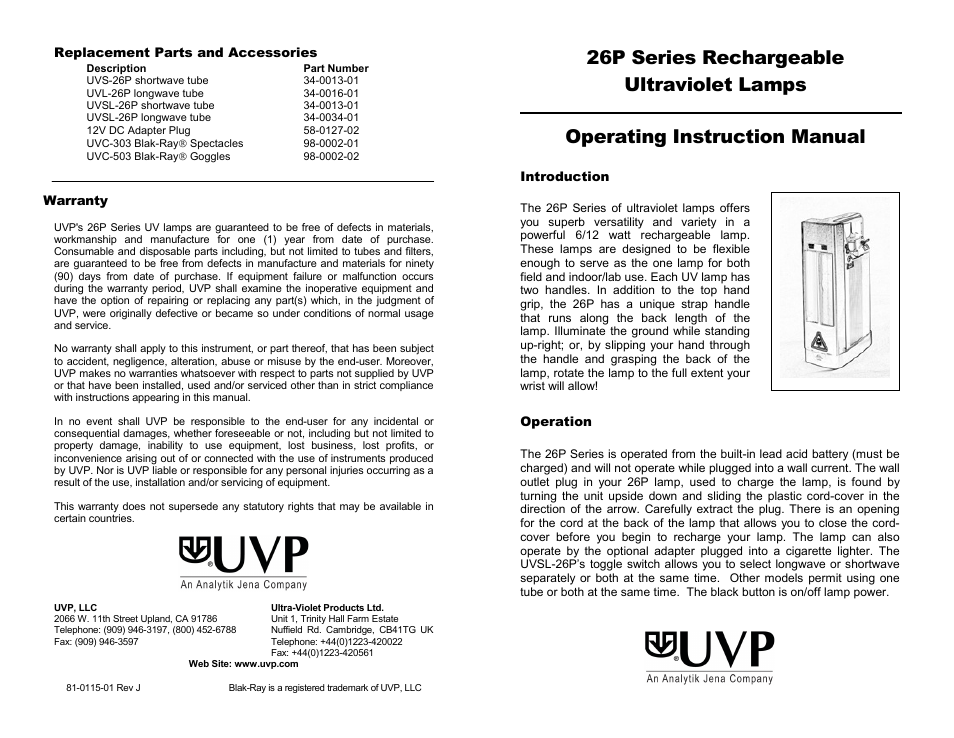 UVP 26P Series Rechargeable User Manual | 2 pages
