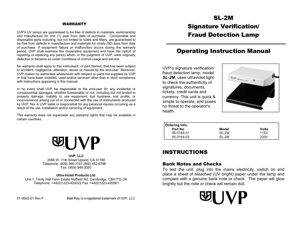 UVP SL-2M User Manual | 2 pages