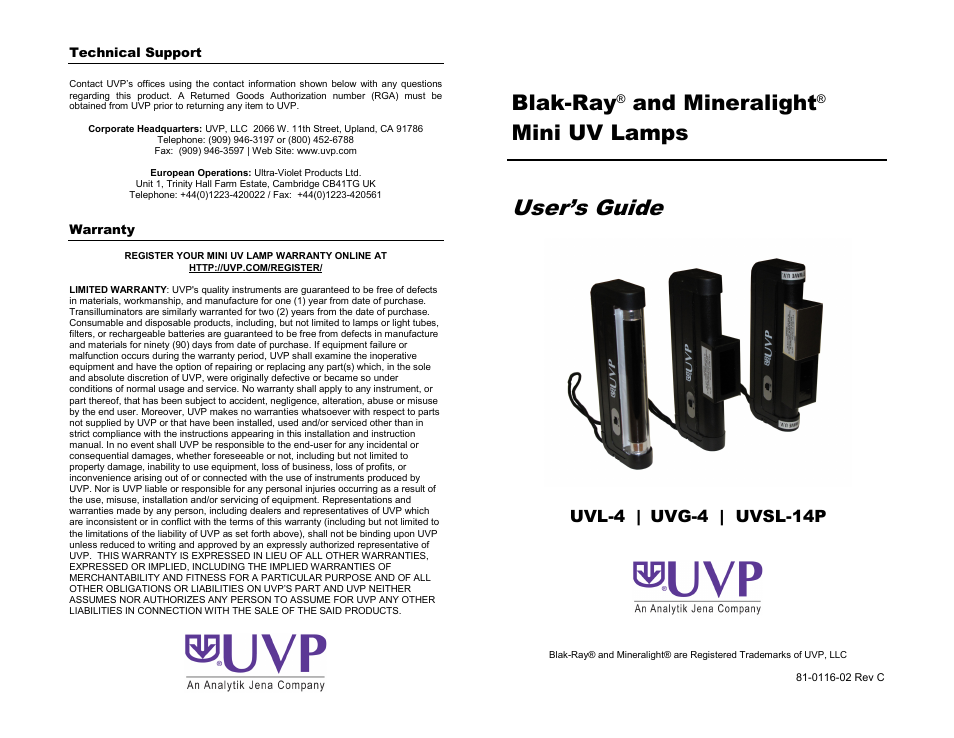 UVP Blak-Ray and Mineralight Mini UV Lamps User Manual | 2 pages