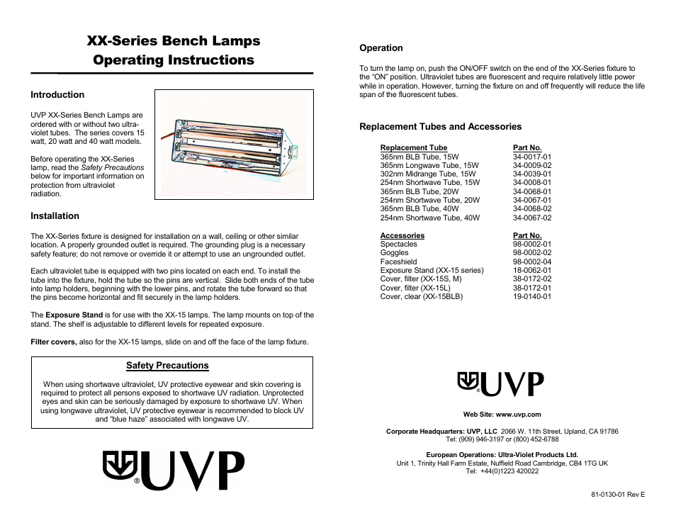 UVP XX-Series Bench Lamps User Manual | 1 page