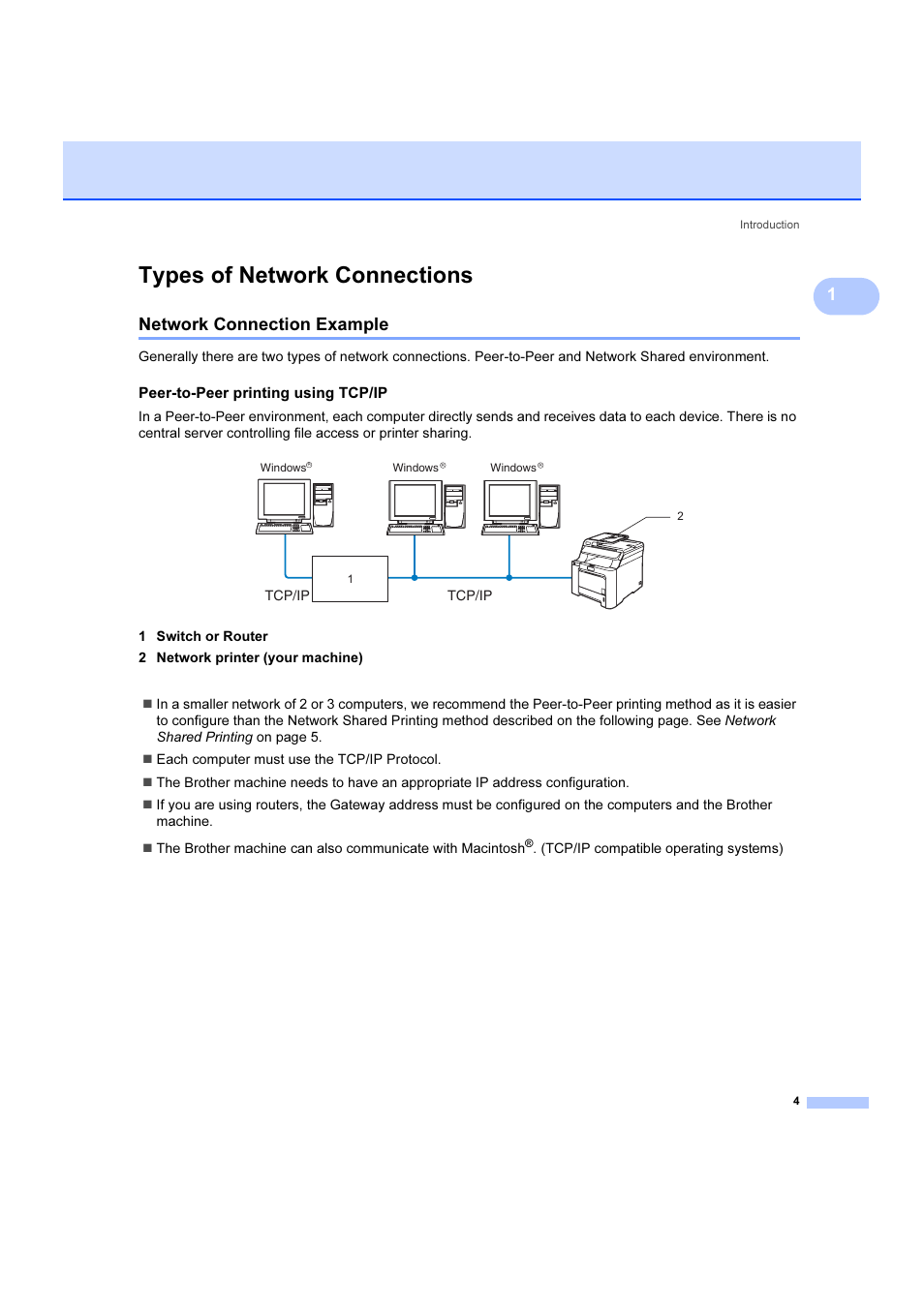 Types of network connections, Network connection example, Peer-to-peer printing using tcp/ip | Brother DCP 9040CN User Manual | Page 10 / 102