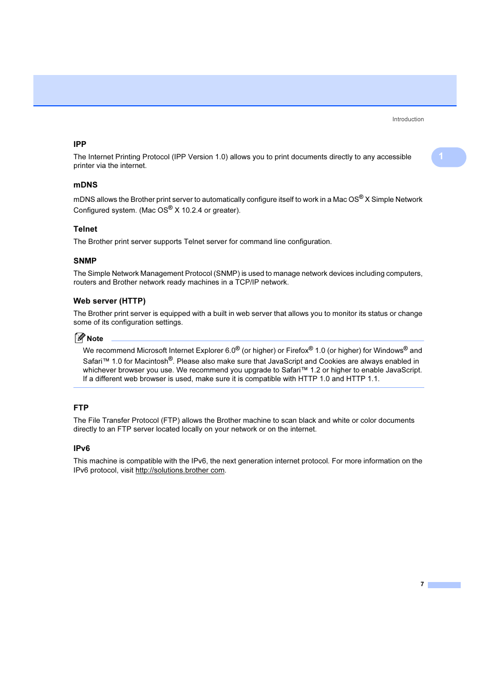 Mdns, Telnet, Snmp | Web server (http), Ipv6 | Brother DCP 9040CN User Manual | Page 13 / 102