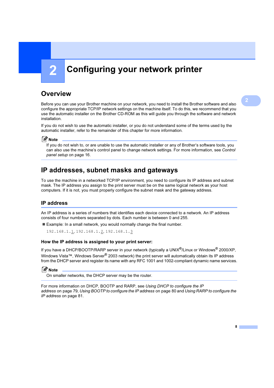 2 configuring your network printer, Overview, Ip addresses, subnet masks and gateways | Ip address, Configuring your network printer, Overview ip addresses, subnet masks and gateways | Brother DCP 9040CN User Manual | Page 14 / 102