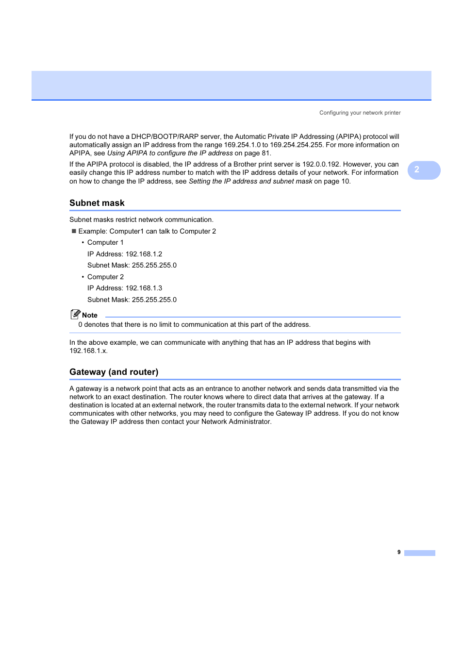 Subnet mask, Gateway (and router), Subnet mask gateway (and router) | Brother DCP 9040CN User Manual | Page 15 / 102