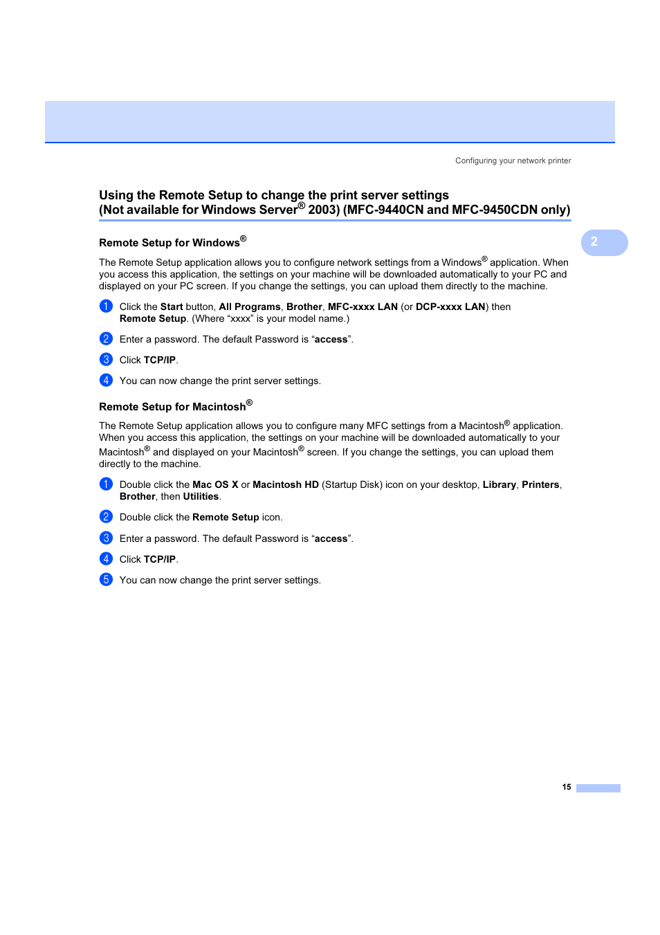 Remote setup for windows, Remote setup for macintosh, Not available for windows server | 2003) (mfc-9440cn and mfc-9450cdn only) | Brother DCP 9040CN User Manual | Page 21 / 102