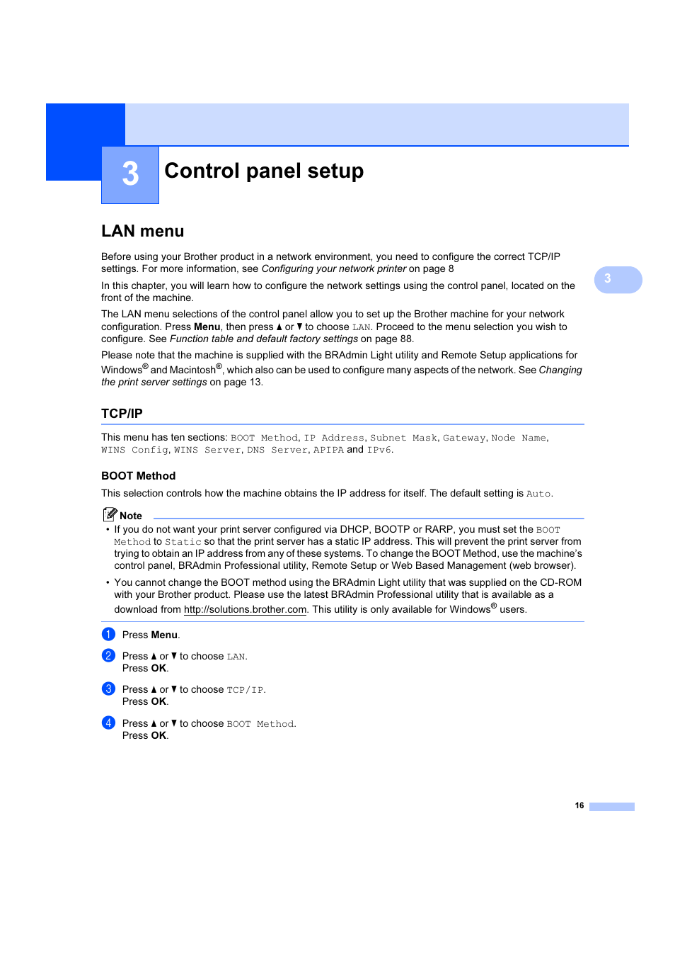 3 control panel setup, Lan menu, Tcp/ip | Boot method, Control panel setup | Brother DCP 9040CN User Manual | Page 22 / 102