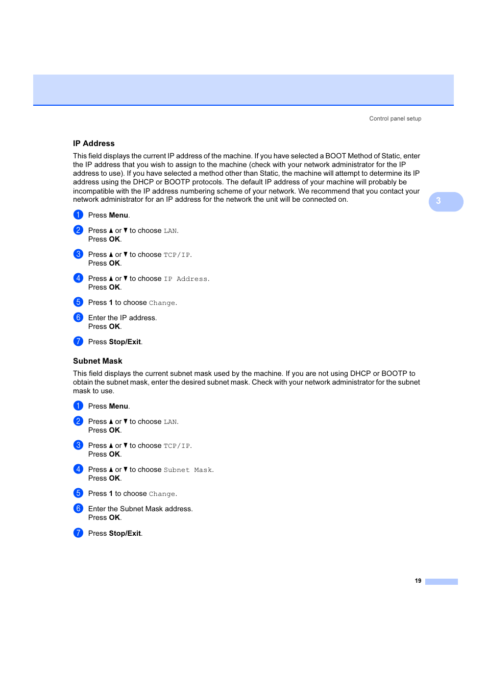 Ip address, Subnet mask | Brother DCP 9040CN User Manual | Page 25 / 102