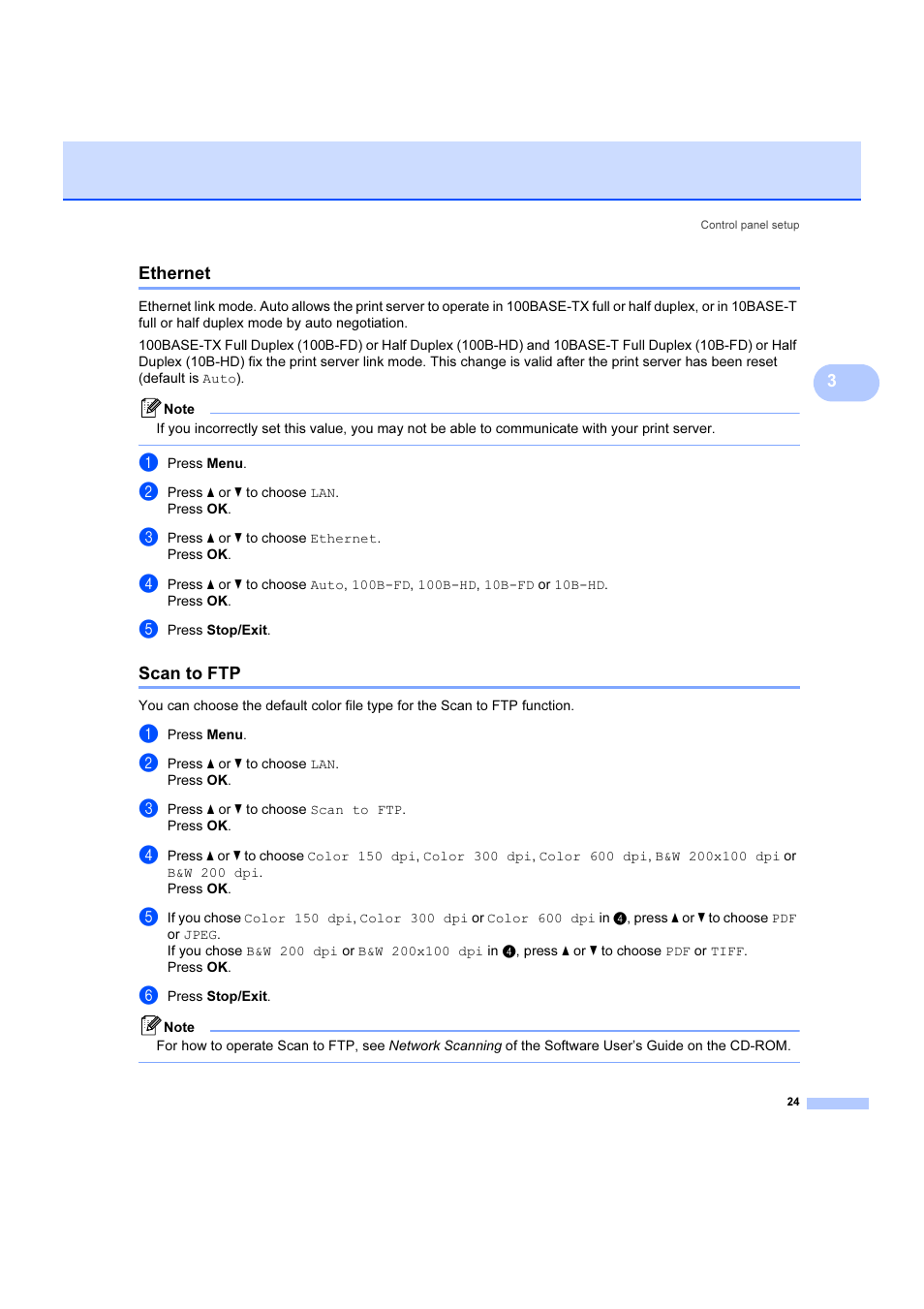 Ethernet, Scan to ftp, Ethernet scan to ftp | Brother DCP 9040CN User Manual | Page 30 / 102