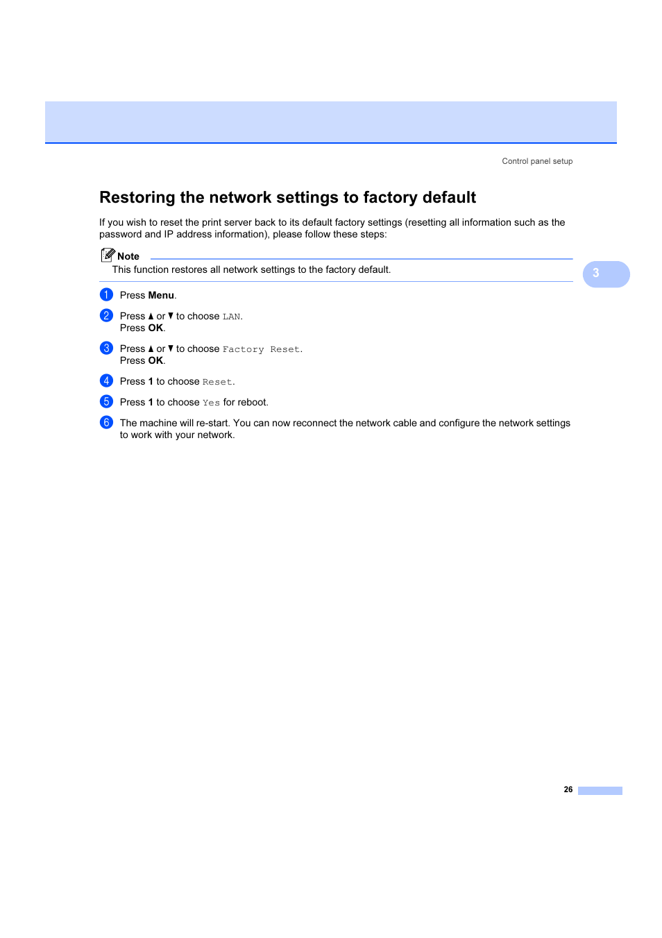 Restoring the network settings to factory default | Brother DCP 9040CN User Manual | Page 32 / 102