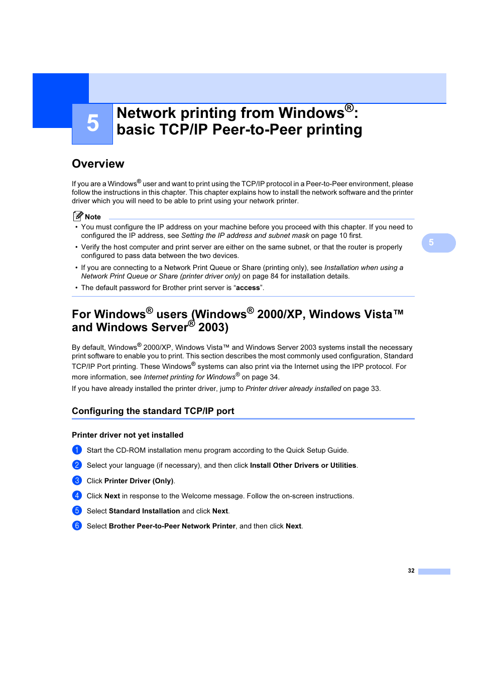 Overview, Configuring the standard tcp/ip port, Printer driver not yet installed | Network printing from windows, Basic tcp/ip peer-to-peer printing, Overview for windows, Users (windows, 2000/xp, windows vista™ and windows server, For windows | Brother DCP 9040CN User Manual | Page 38 / 102