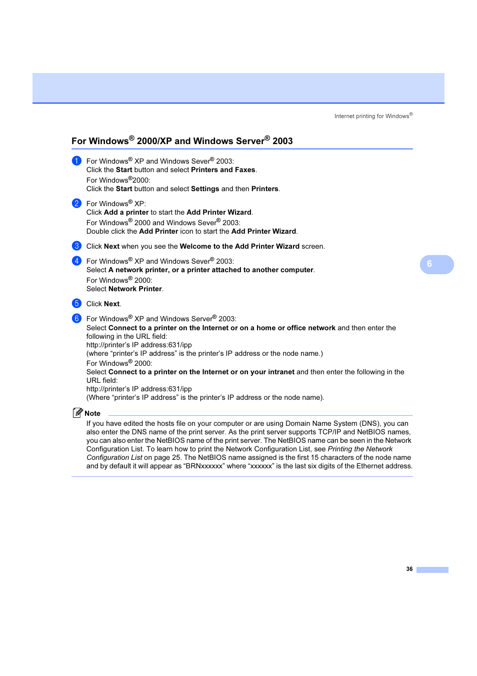 For windows® 2000/xp and windows server® 2003, For windows, 2000/xp and windows server | 6for windows | Brother DCP 9040CN User Manual | Page 42 / 102