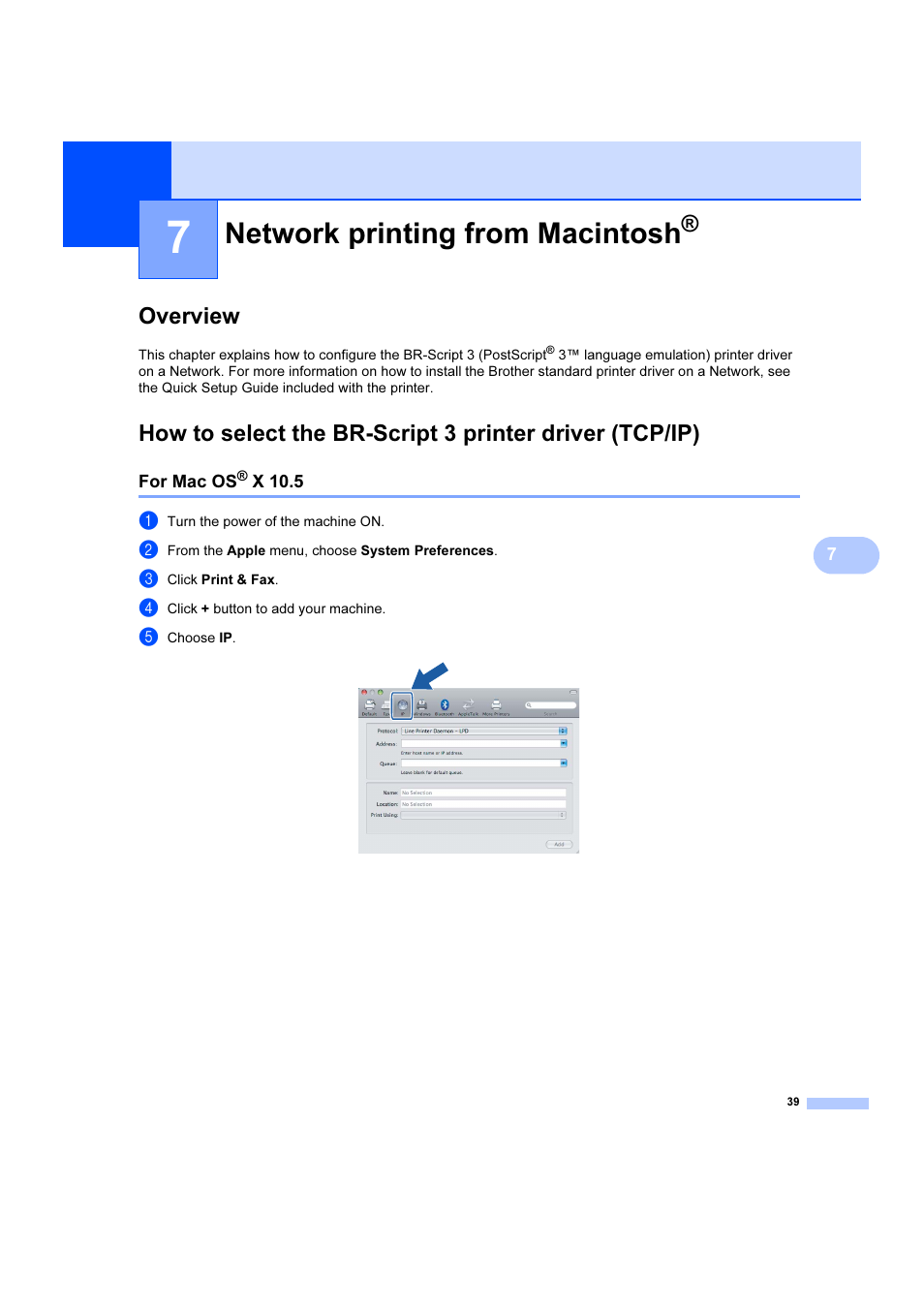 7 network printing from macintosh, Overview, For mac os® x 10.5 | Network printing from macintosh, For mac os, X 10.5 | Brother DCP 9040CN User Manual | Page 45 / 102