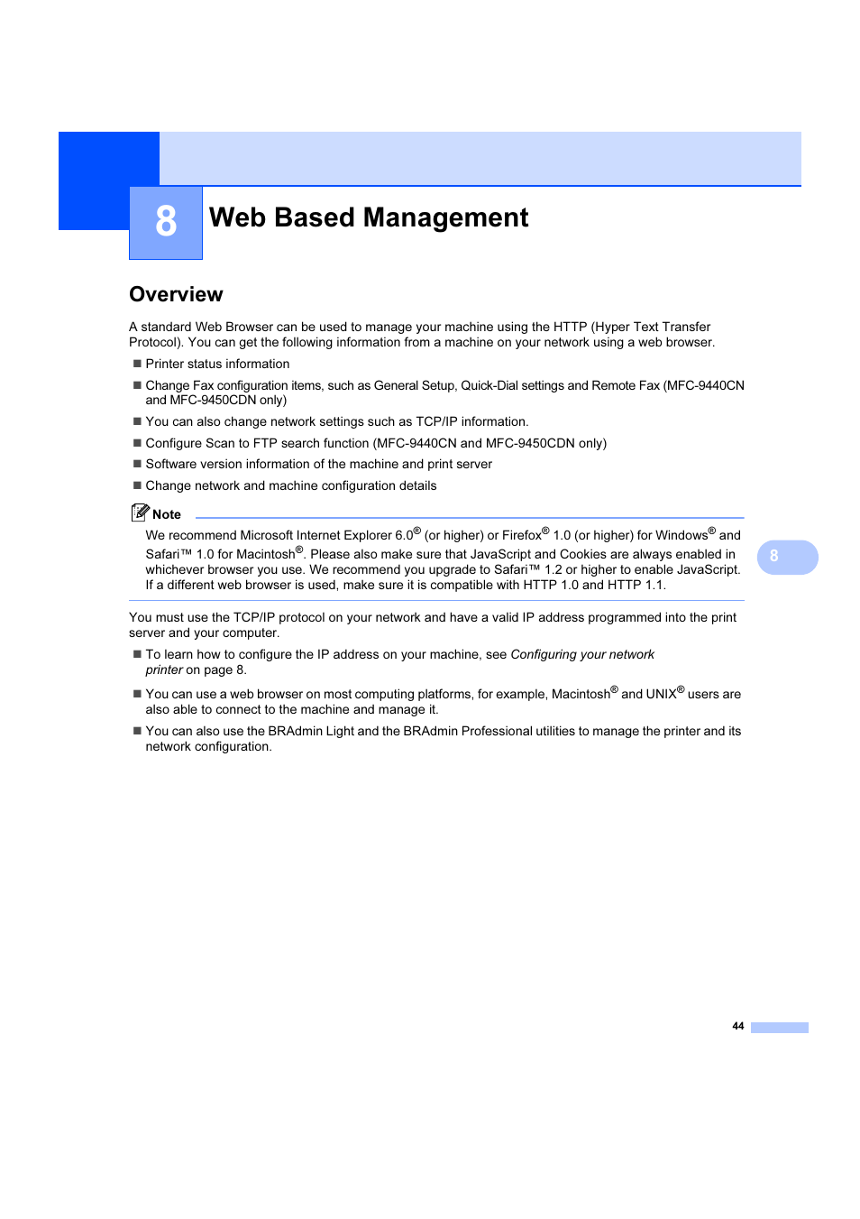 8 web based management, Overview, Web based management | Brother DCP 9040CN User Manual | Page 50 / 102