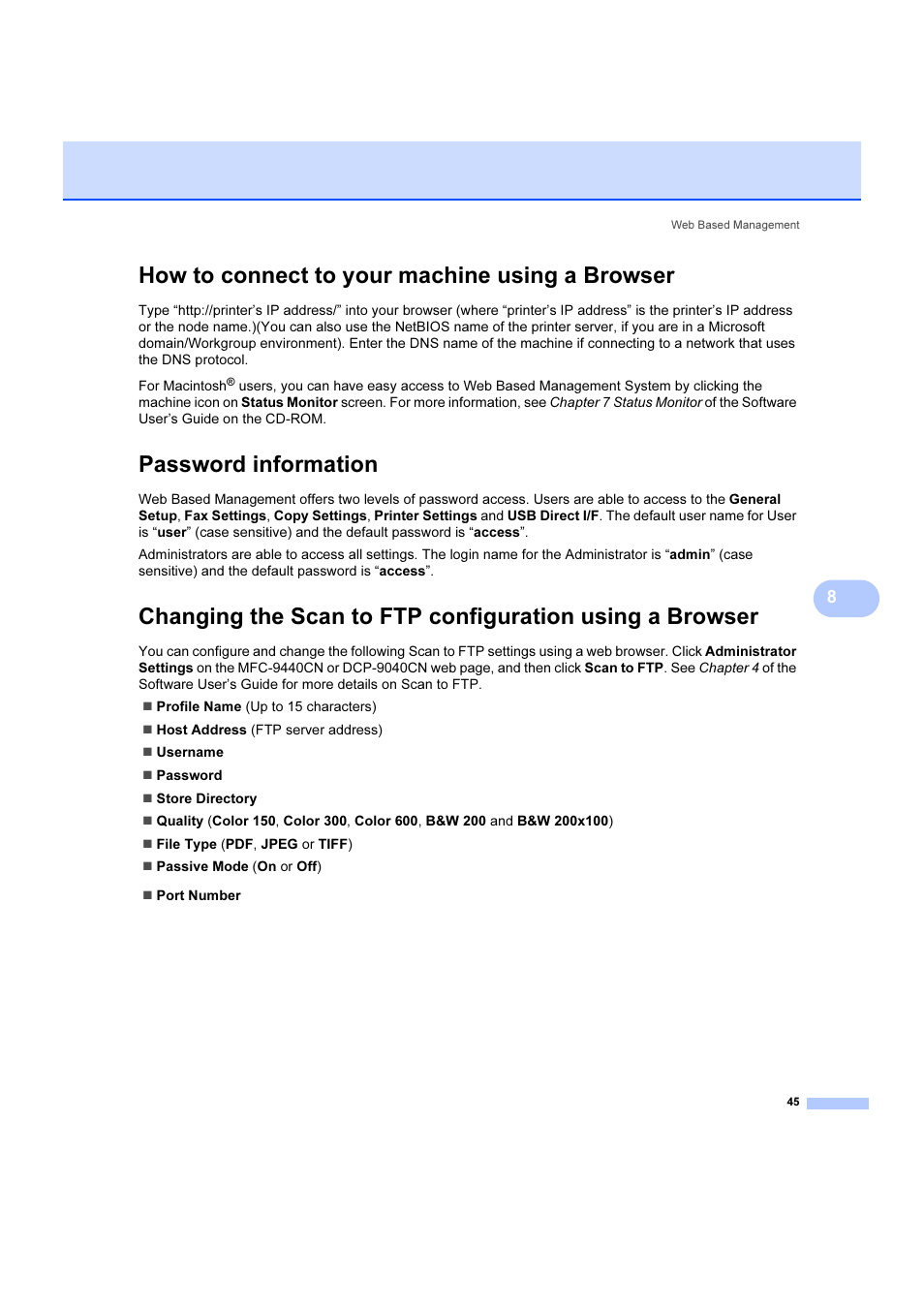 How to connect to your machine using a browser, Password information | Brother DCP 9040CN User Manual | Page 51 / 102