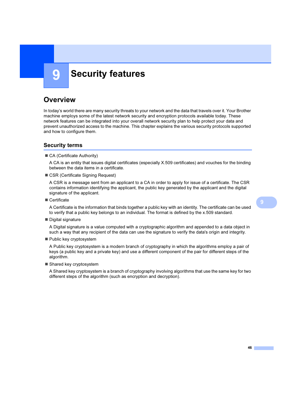 9 security features, Overview, Security terms | Security features | Brother DCP 9040CN User Manual | Page 52 / 102