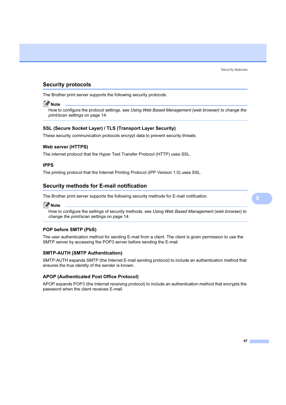 Security protocols, Web server (https), Ipps | Security methods for e-mail notification, Pop before smtp (pbs), Smtp-auth (smtp authentication), Apop (authenticated post office protocol), 9security protocols | Brother DCP 9040CN User Manual | Page 53 / 102