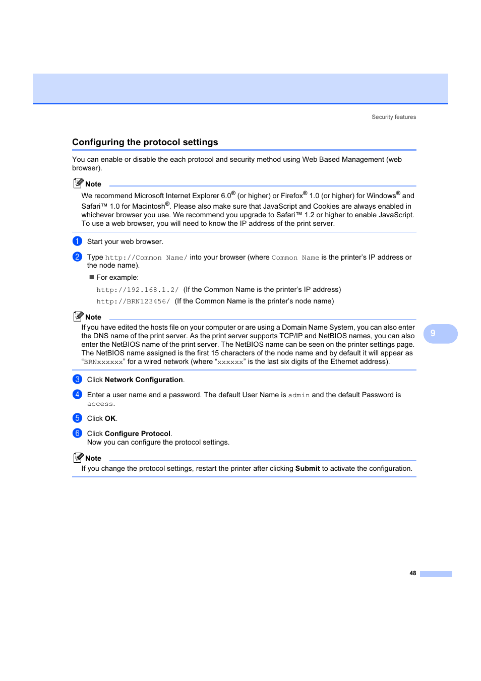 Configuring the protocol settings, 9configuring the protocol settings | Brother DCP 9040CN User Manual | Page 54 / 102