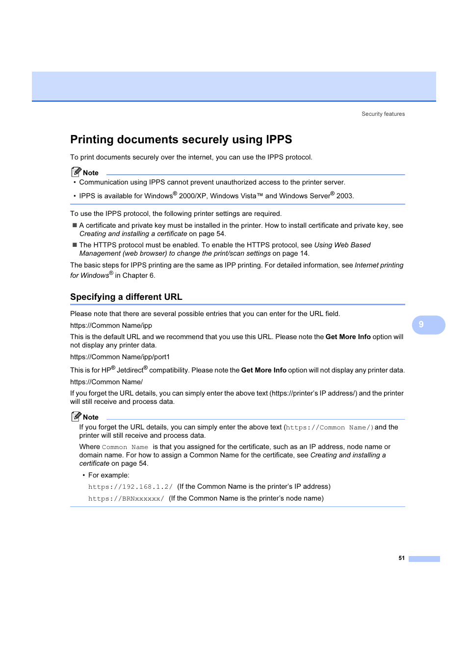 Printing documents securely using ipps, Specifying a different url | Brother DCP 9040CN User Manual | Page 57 / 102