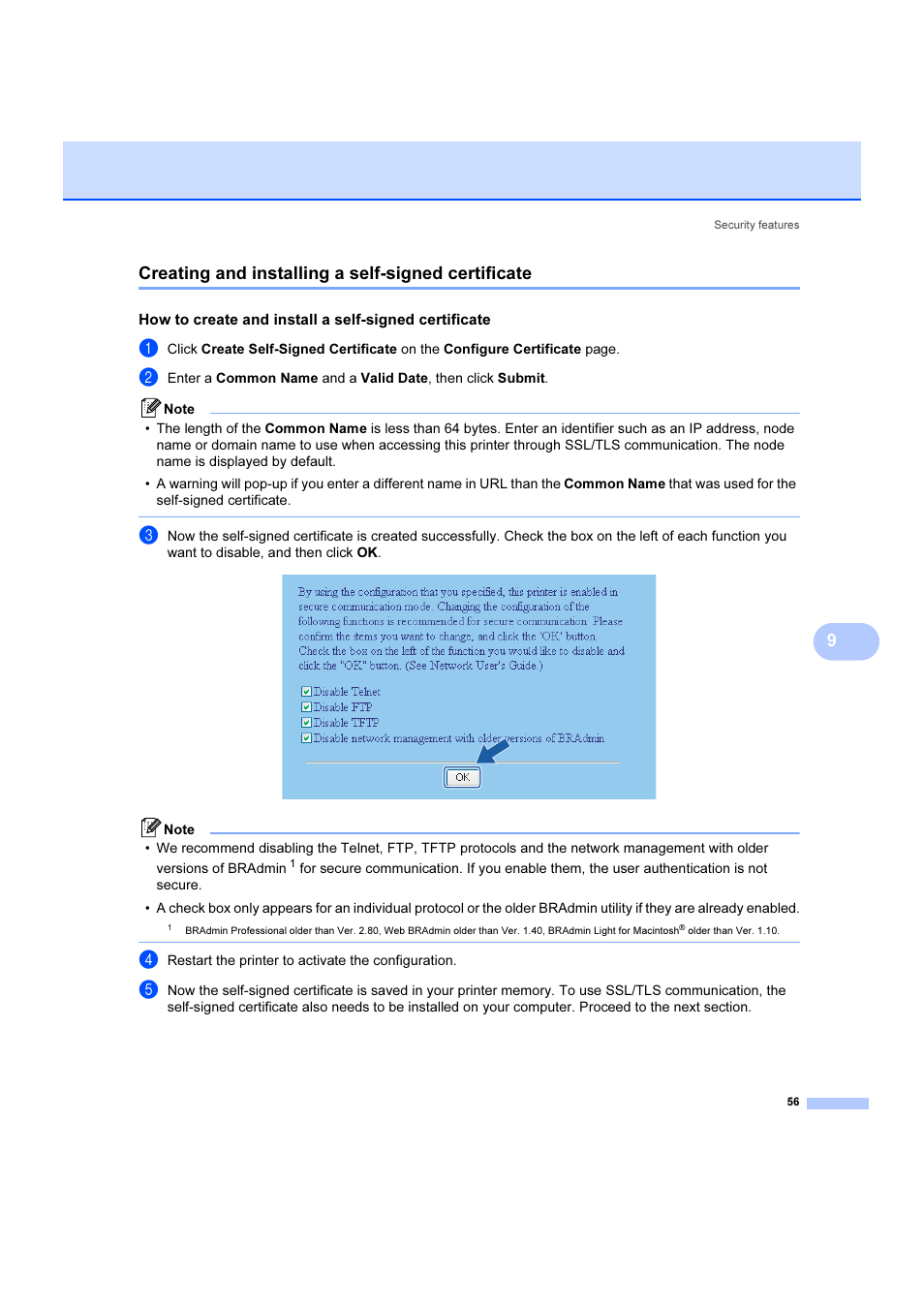 Creating and installing a self-signed certificate, 9creating and installing a self-signed certificate | Brother DCP 9040CN User Manual | Page 62 / 102