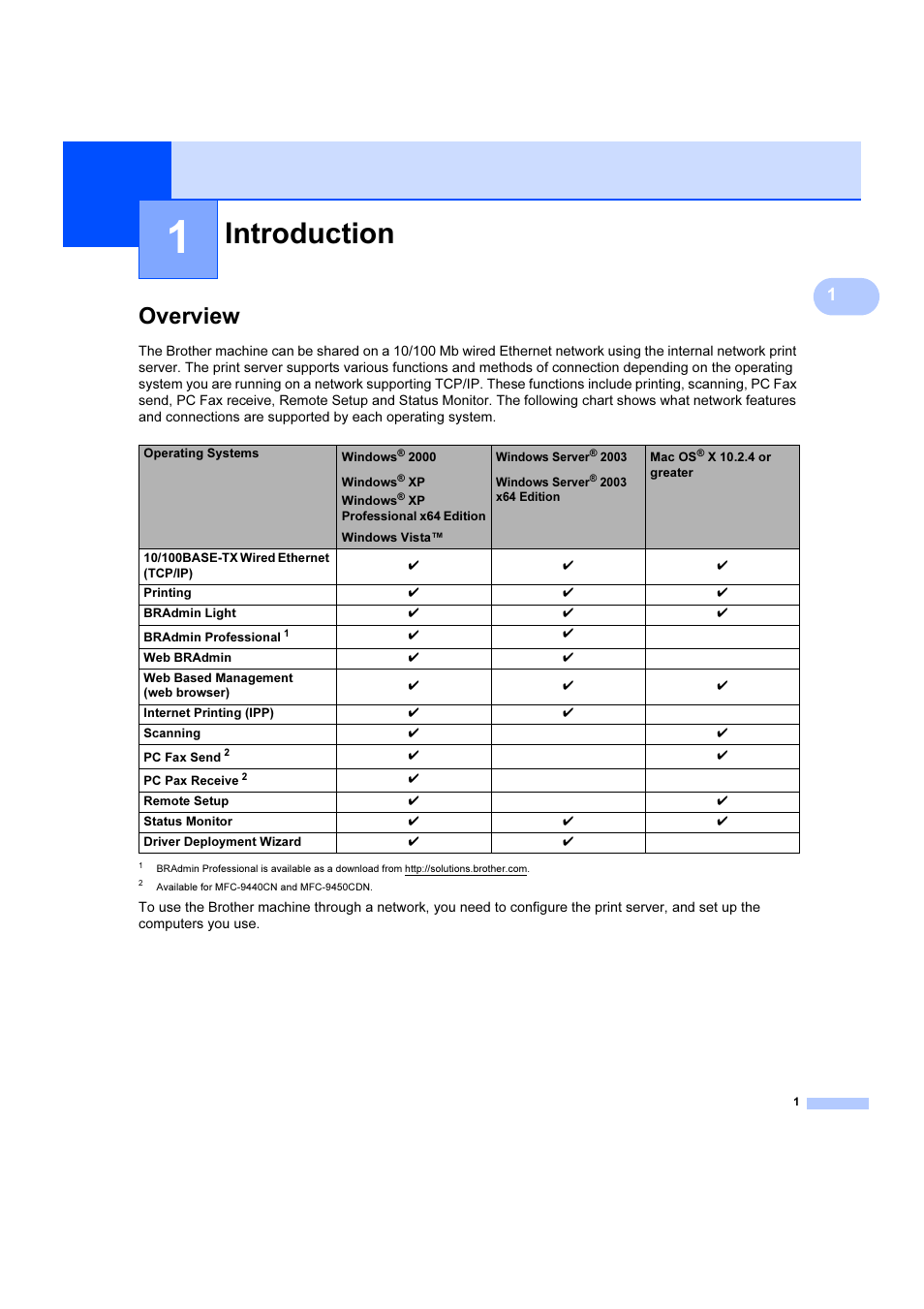 1 introduction, Overview, Introduction | Brother DCP 9040CN User Manual | Page 7 / 102