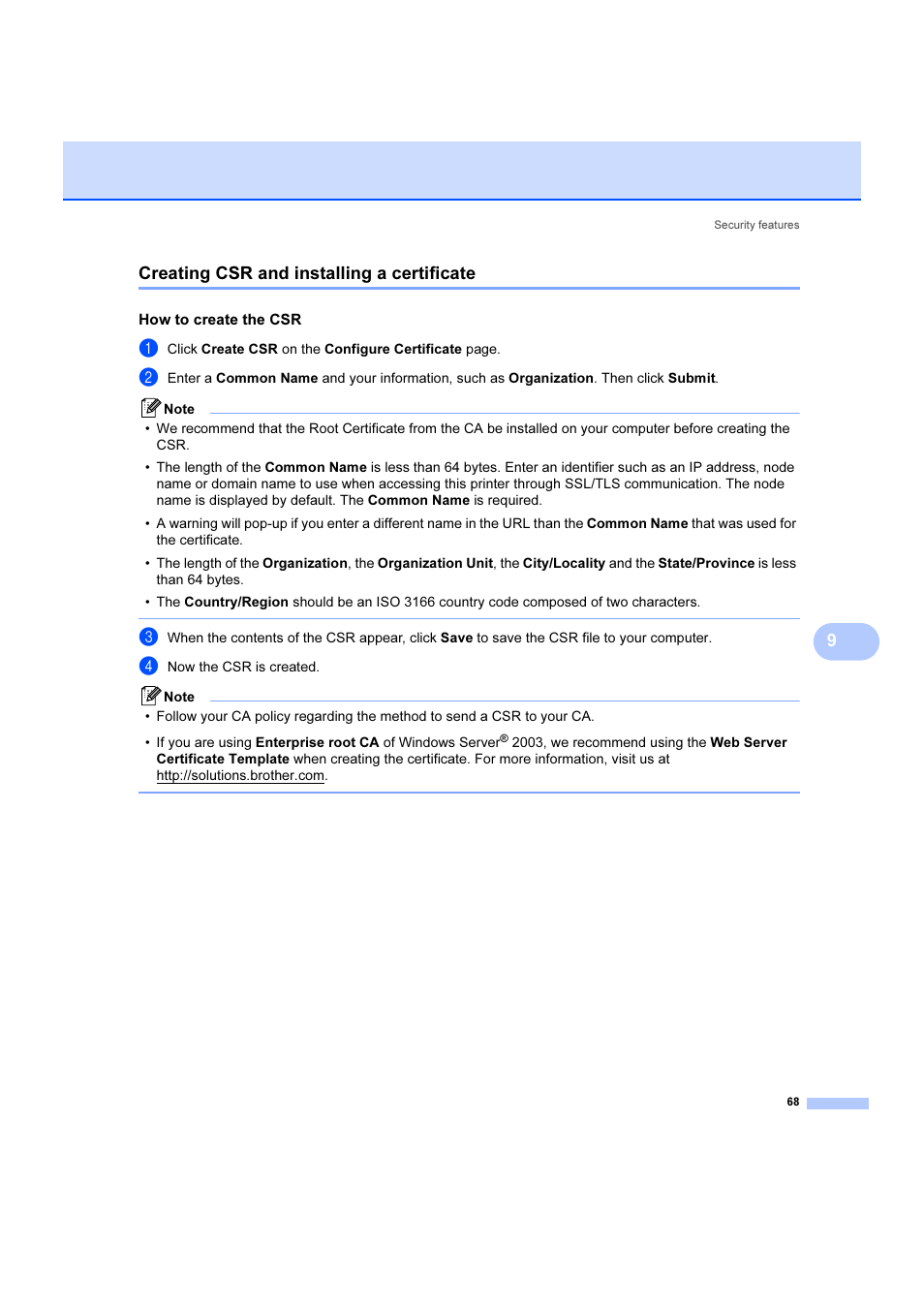 Creating csr and installing a certificate, How to create the csr, Creating csr and installing | 9creating csr and installing a certificate | Brother DCP 9040CN User Manual | Page 74 / 102