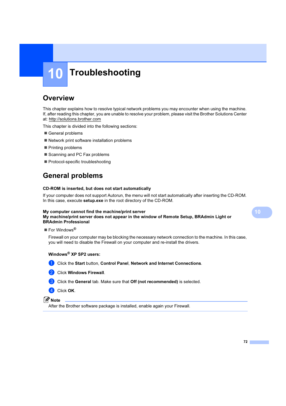 10 troubleshooting, Overview, General problems | Troubleshooting, Overview general problems | Brother DCP 9040CN User Manual | Page 78 / 102