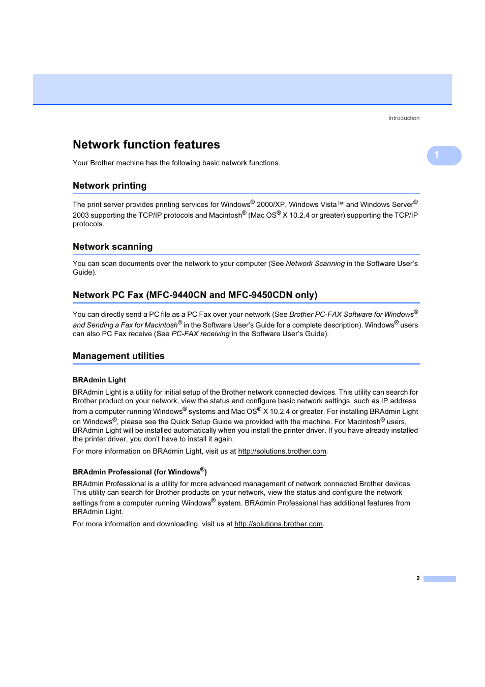 Network function features, Network printing, Network scanning | Network pc fax (mfc-9440cn and mfc-9450cdn only), Management utilities | Brother DCP 9040CN User Manual | Page 8 / 102