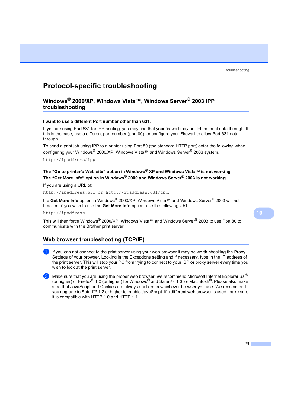 Protocol-specific troubleshooting, Web browser troubleshooting (tcp/ip), Windows | 2000/xp, windows vista™, windows server, 2003 ipp troubleshooting, D to windows, 2000/xp, windows vista, Windows server | Brother DCP 9040CN User Manual | Page 84 / 102