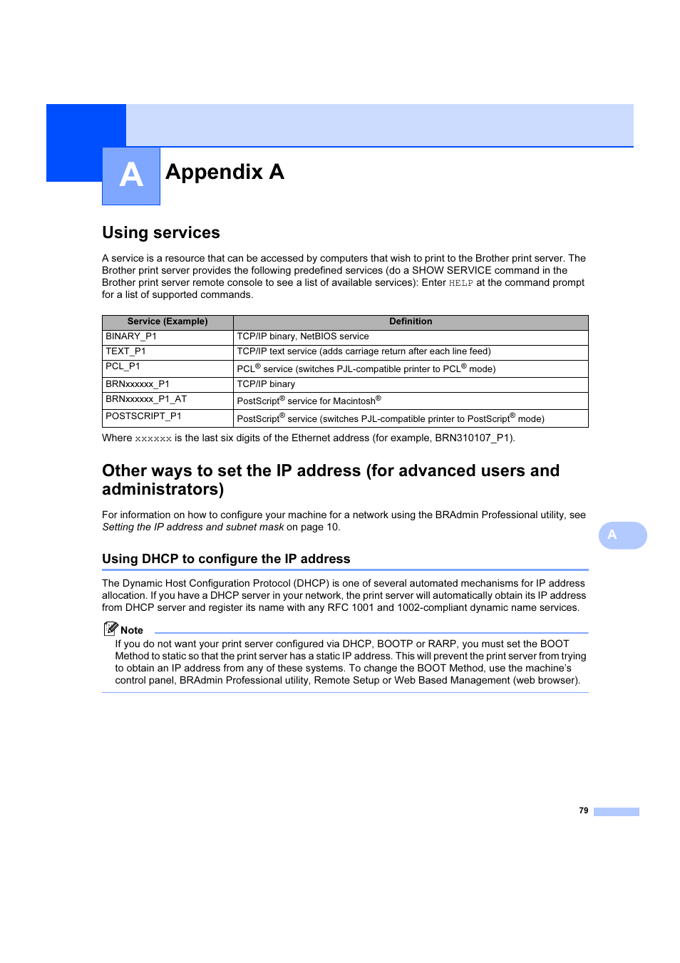 Appendix a, Using services, Using dhcp to configure the ip address | Brother DCP 9040CN User Manual | Page 85 / 102