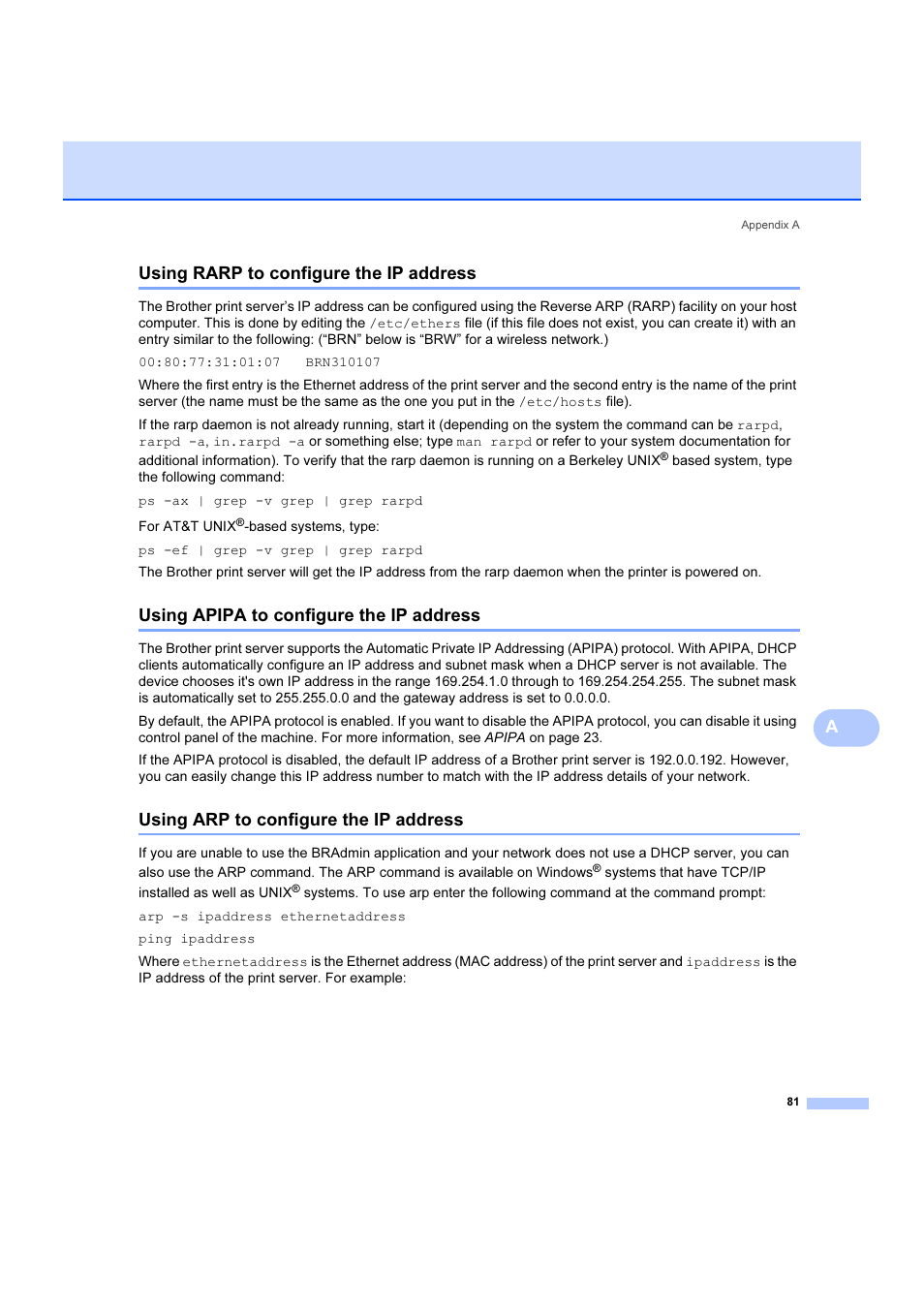 Using rarp to configure the ip address, Using apipa to configure the ip address, Using arp to configure the ip address | Ausing rarp to configure the ip address | Brother DCP 9040CN User Manual | Page 87 / 102