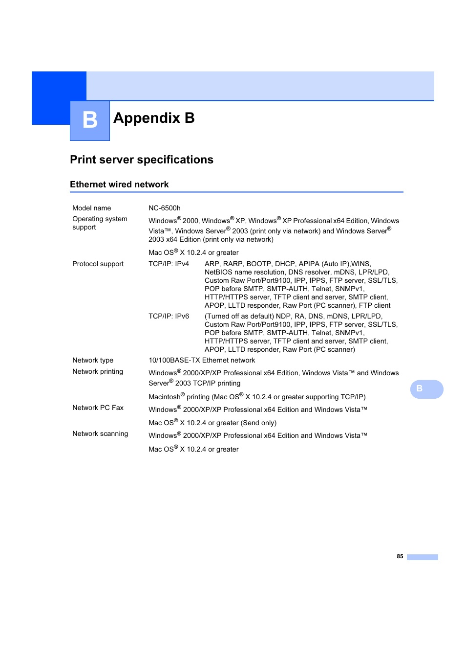 Appendix b, Print server specifications, Ethernet wired network | Brother DCP 9040CN User Manual | Page 91 / 102