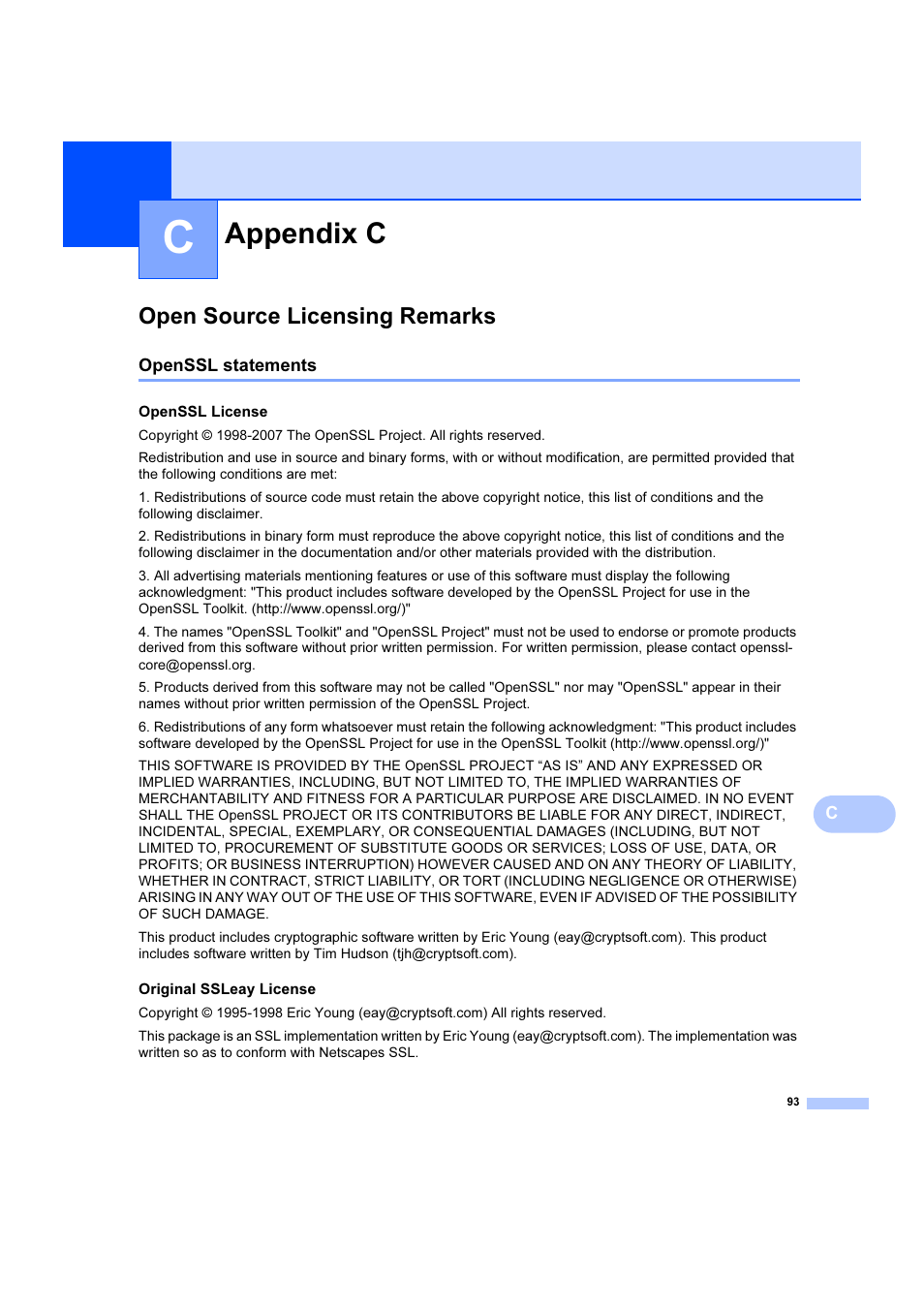 Appendix c, Open source licensing remarks, Openssl statements | Openssl license, Original ssleay license | Brother DCP 9040CN User Manual | Page 99 / 102