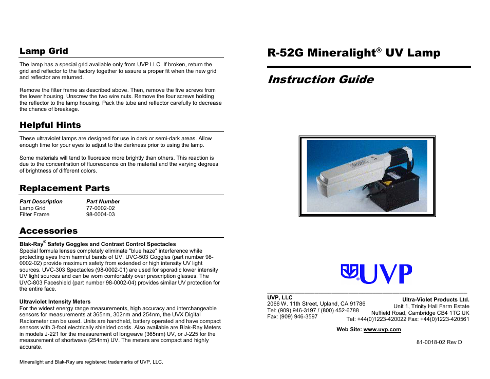 UVP R-52G User Manual | 2 pages