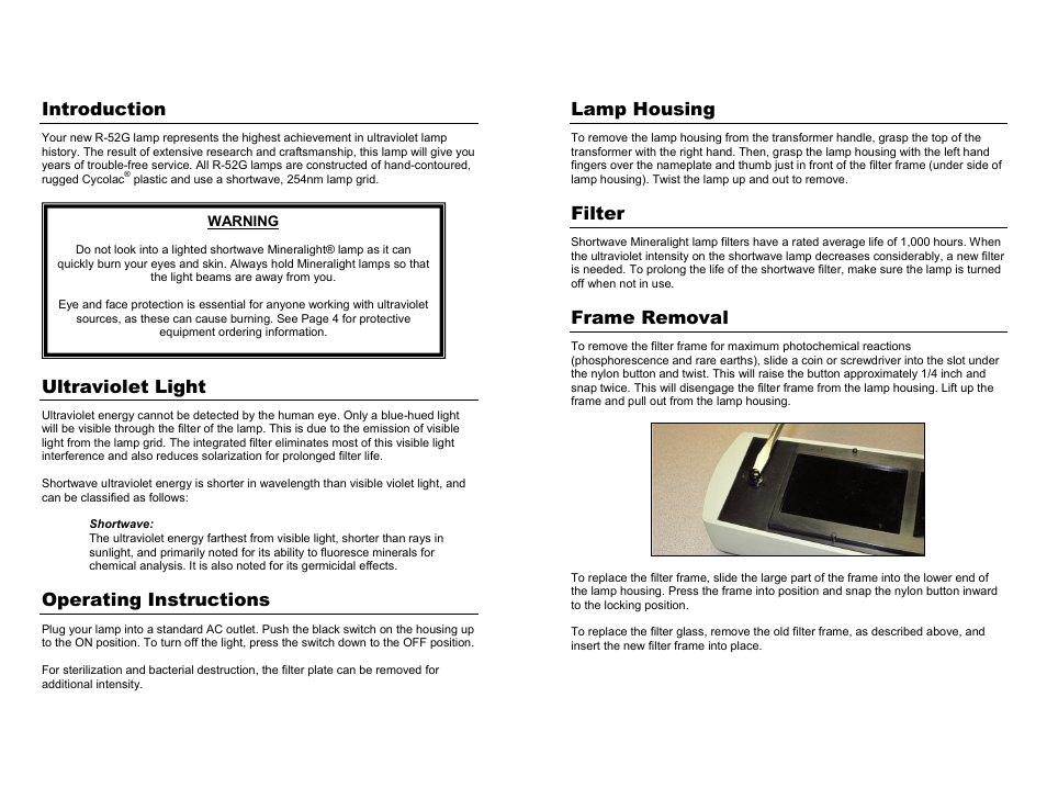 Introduction, Ultraviolet light, Operating instructions | Lamp housing, Filter, Frame removal | UVP R-52G User Manual | Page 2 / 2