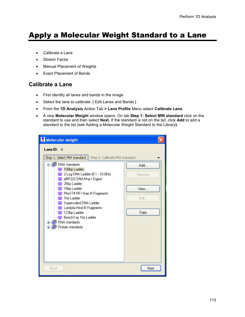 Apply a molecular weight standard to a lane, Calibrate a lane | UVP Life Science User Manual | Page 127 / 269